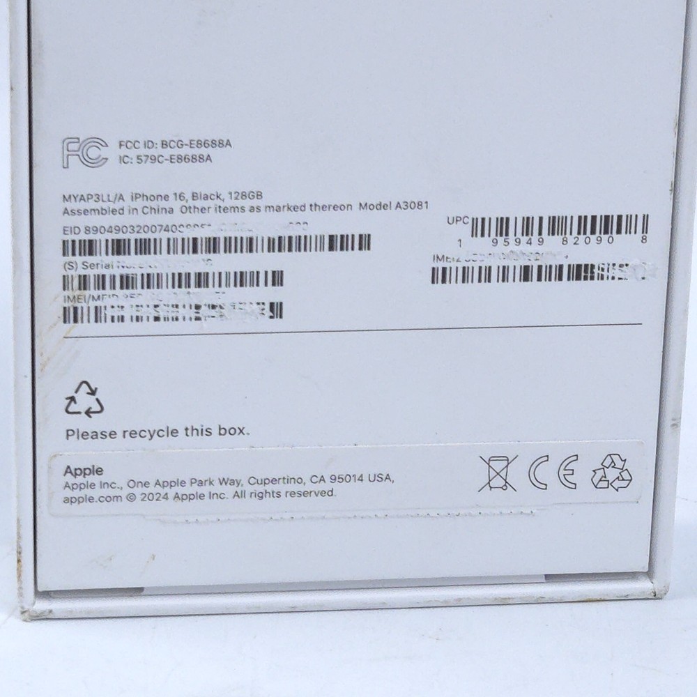 EMPTY BOX Apple A3081 iPhone 16 Black - Empty Box ONLY