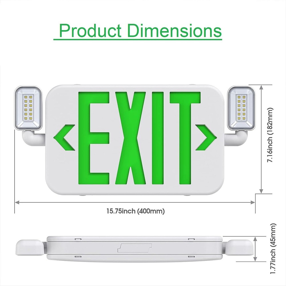 Green Emergency LED Exit Sign Two Rotatable Lamp Battery Backup UL List (2-Pack)
