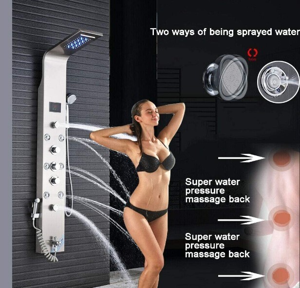 Shower Wall Panel Tower System Brushed Nickel Rainfall Waterfall Massage Jets