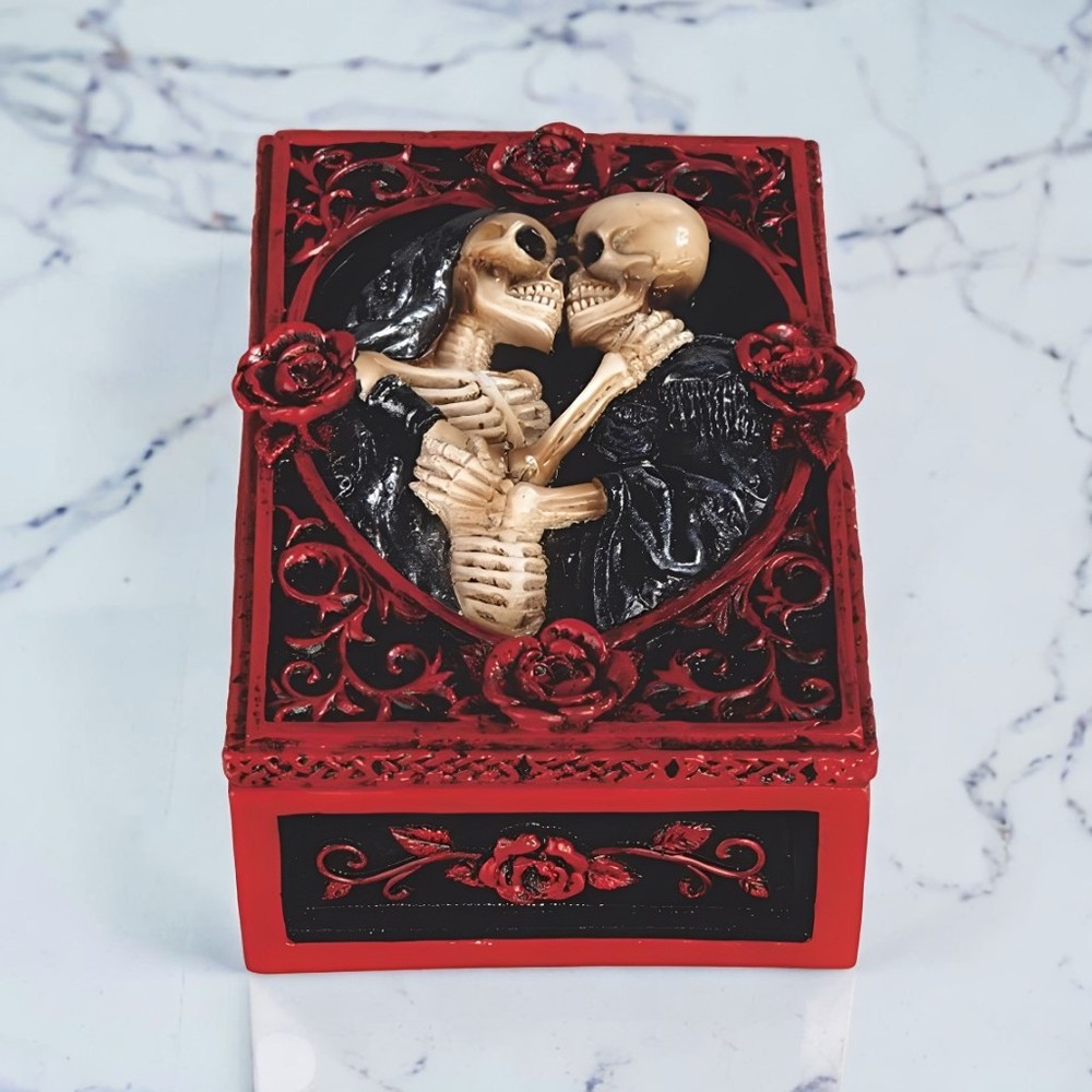 5.75"W Red Skull Couple Trinket Box