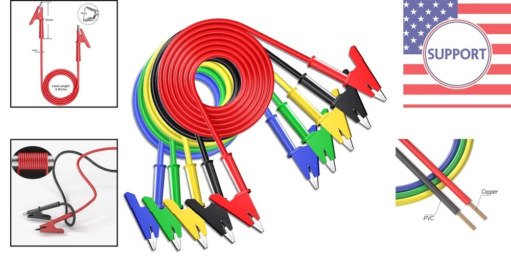 5 Color-Coded 3.3ft Alligator Clips Leads for Reliable Electrical Testing