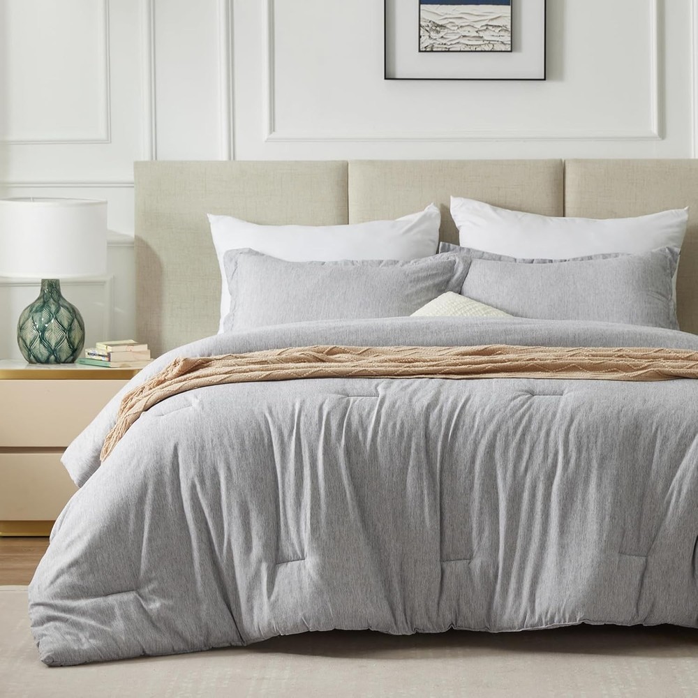 King Size Comforter Set 3 Pieces Light Grey Soft Luxury Cationic Dyeing Bedding