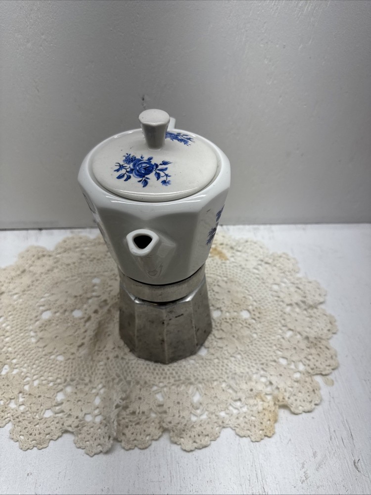 Vintage Ceramic Coffee Maker With Blue Floral Pattern