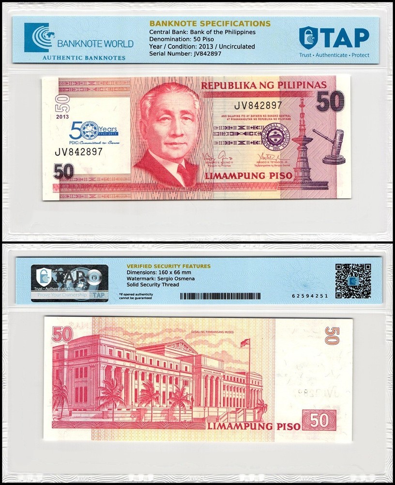 Philippines 50 Piso, 2013, P-217, UNC, Commemorative, TAP Authenticated