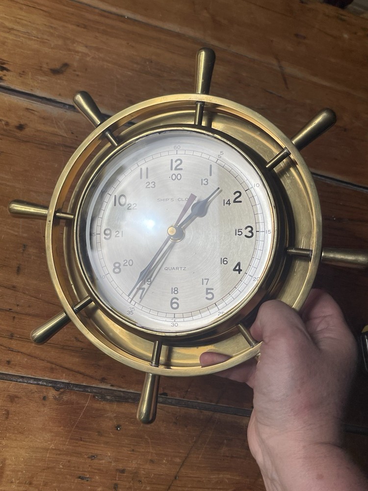 Vintage Ship's Time Solid Brass Wheel Nautical Marine Quartz Wall Clock Working