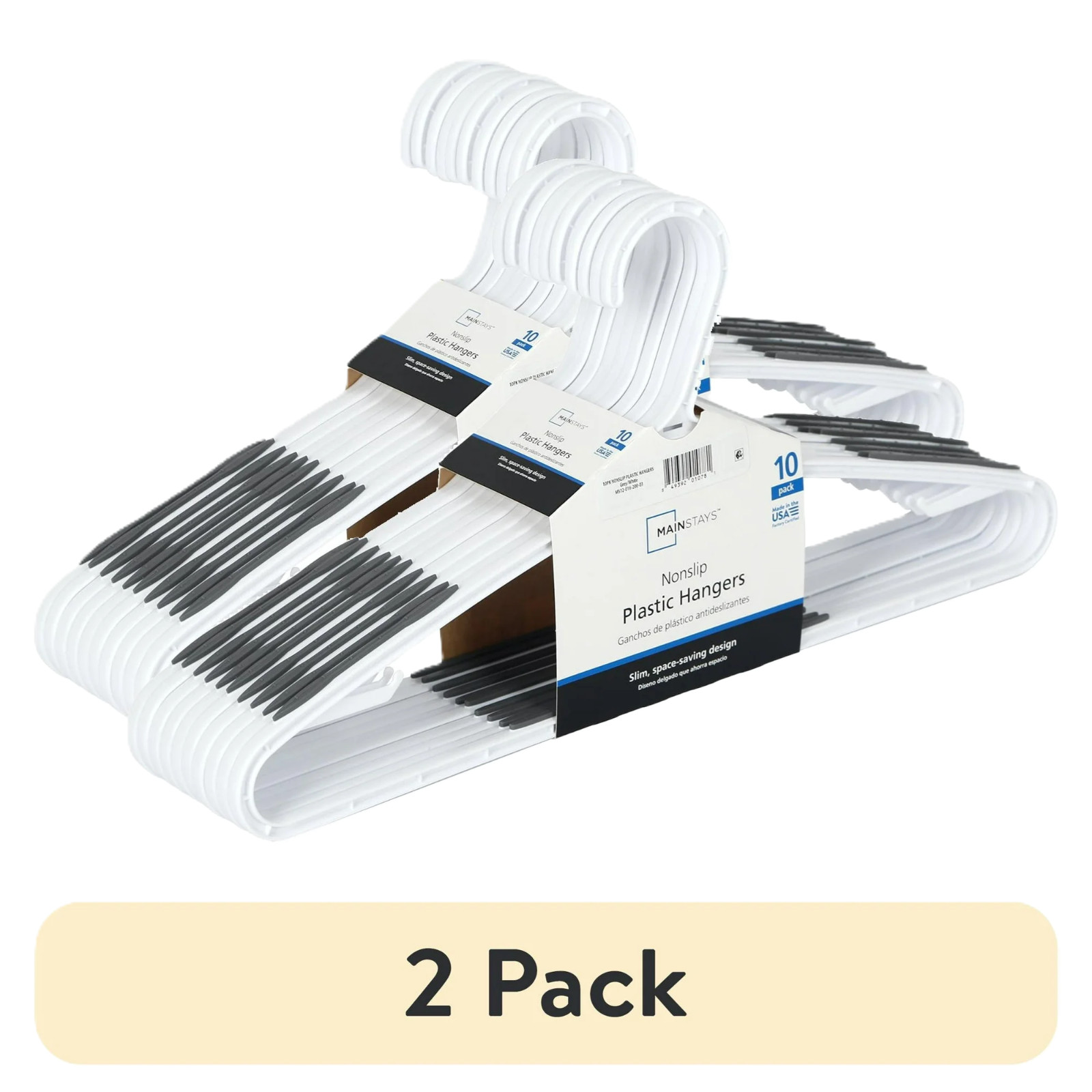 (2 pack) Mainstays Non-Slip Clothes Hangers, 10 Pack, White, Durable Plastic, TP