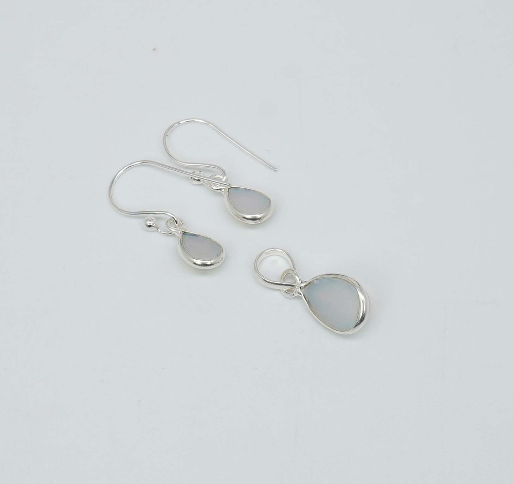 925 Solid Sterling Silver Milky Opalite Hook Earring Pendant Set