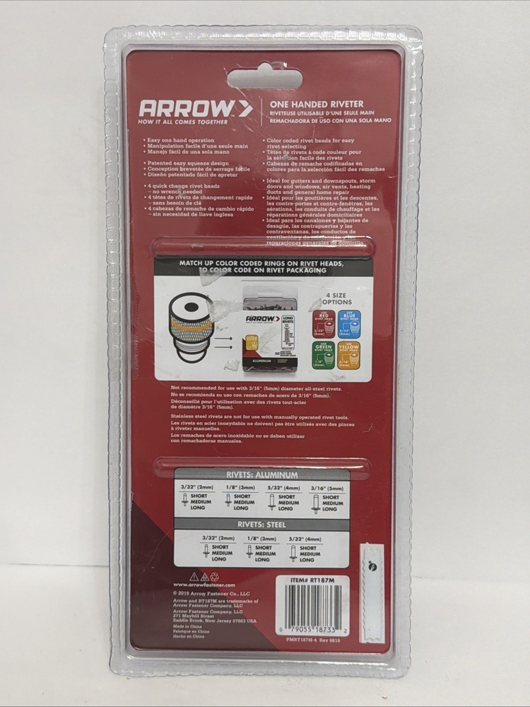 Arrow One-Handed Riveter RT187M Color Coded Rivet Heads Adjustable Open Box