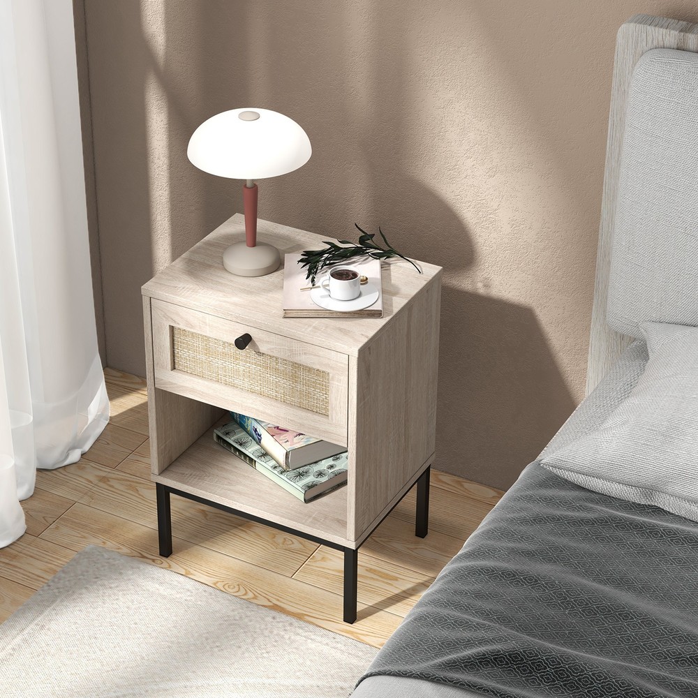 2 PCS Boho Style Nightstand Compact End Table w/Rattan Drawer & Open Shelf
