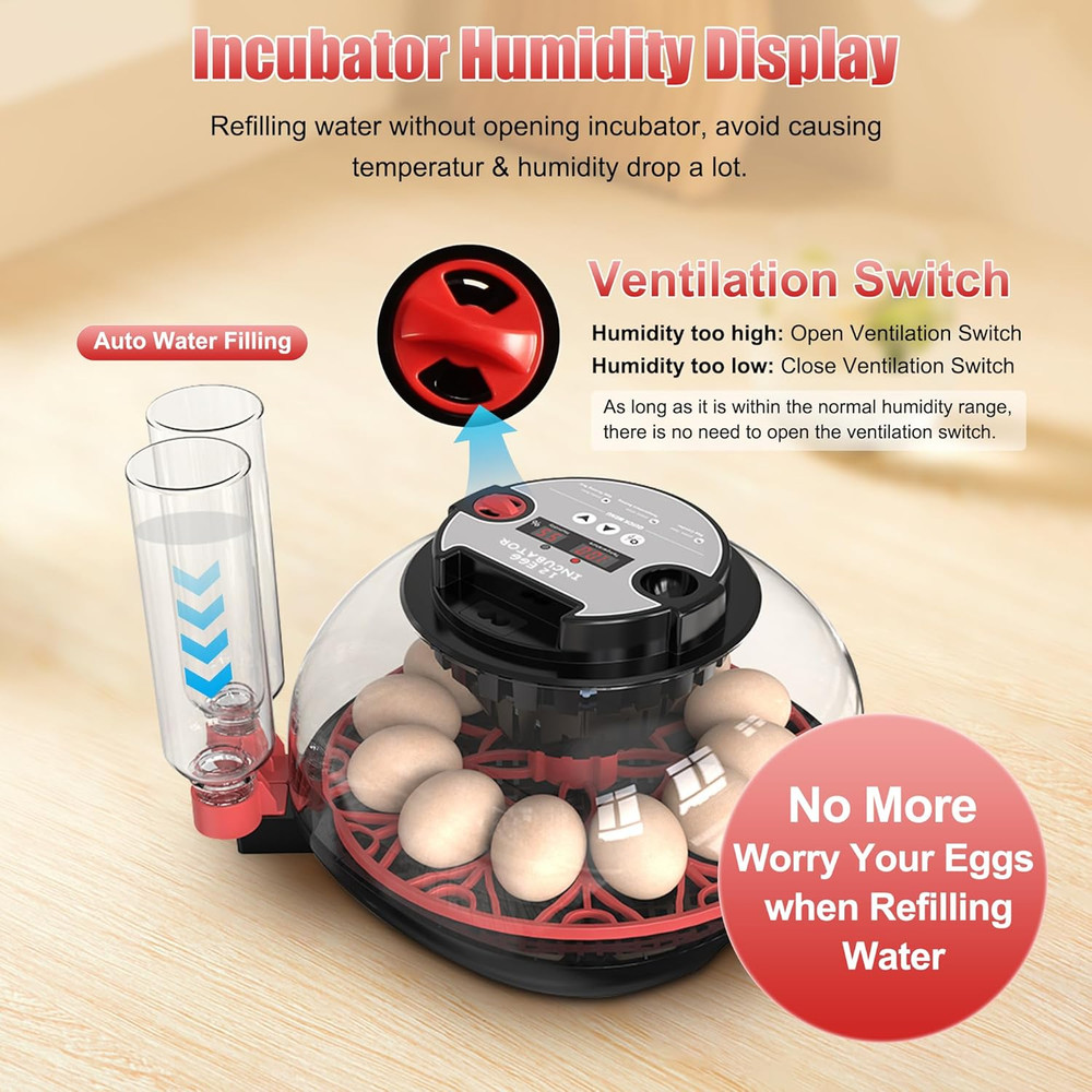 12 Egg Incubator with Temperature Control, Humidity Display, Automatic Egg Turne