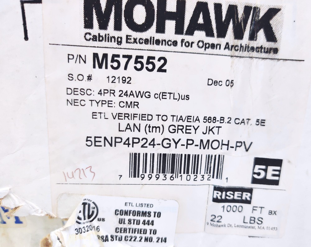 Mohawk 5eLAN M57552 UTP Light Gray Riser Cable 1000 ft. Box