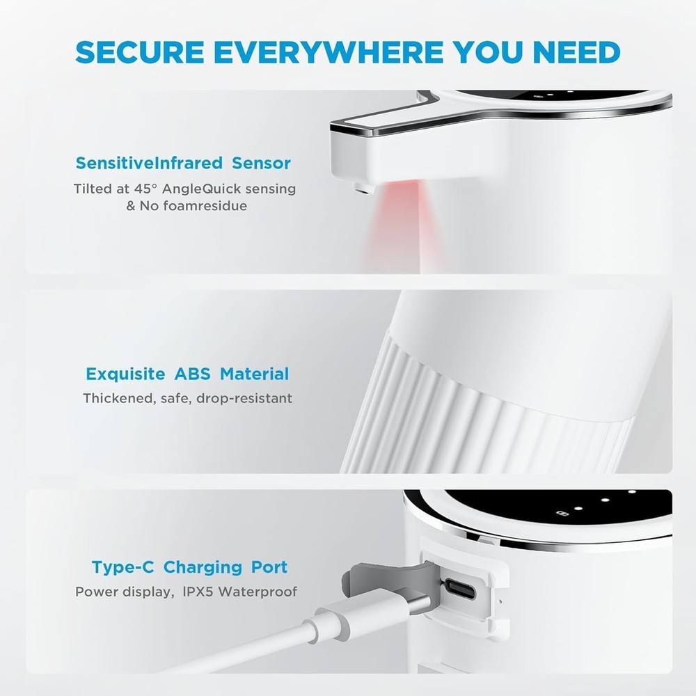 Automatic Soap Dispenser Foaming Touchless:14.2oz White Plastic - Rechargeabl...