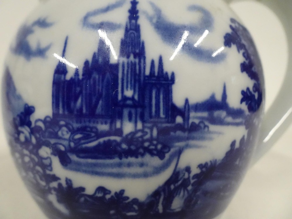 Pair Matching Ceramic Pitcher Creamers w Blue Castle Pattern