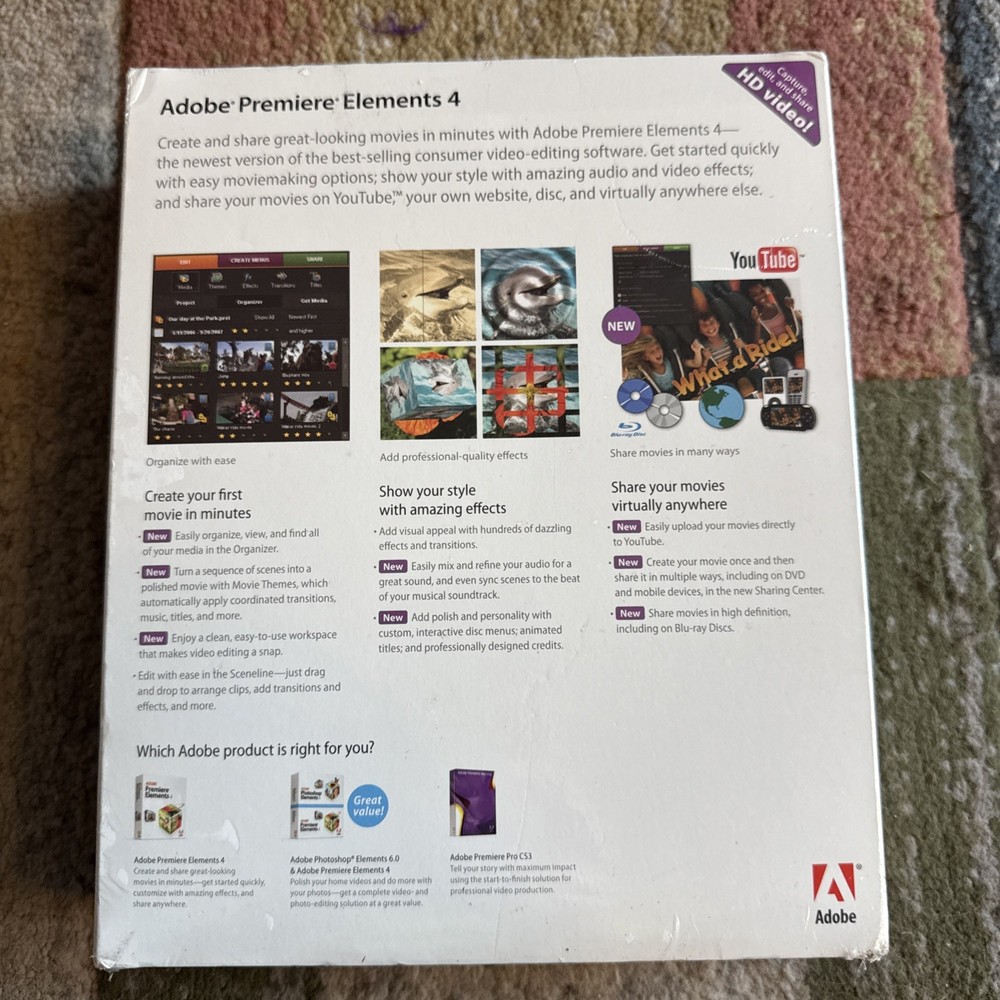ADOBE PREMIERE ELEMENTS 4 SOFTWARE NEW SEALED PACKAGE YOU TUBE VIDEO EDITING