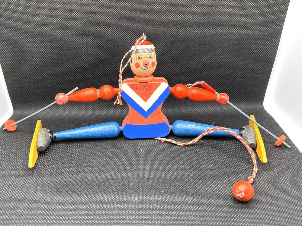 Vintage Wood Pull String Skiing Boy Puppet Austria Jumping Jack READ