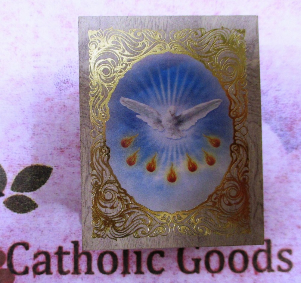 2" x 2 1/2" Wooden Gold Embossed - Felt Lined - Holy Spirit Rosary Keepsake Box.