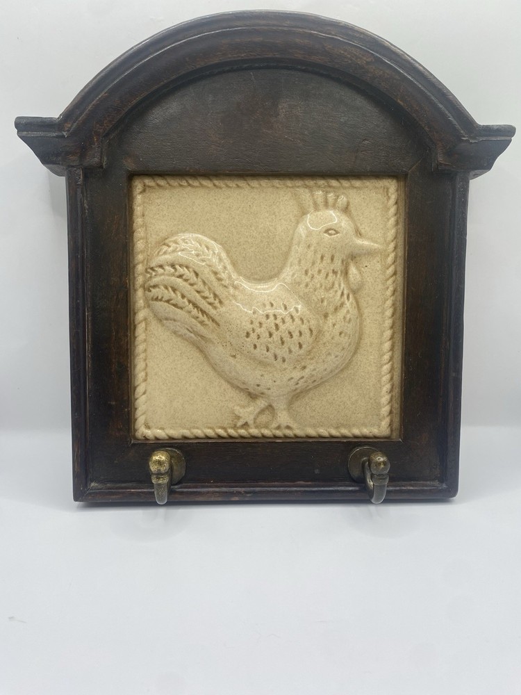 Rustic Pier One Wood Framed Ceramic Chicken Tile Key Holder