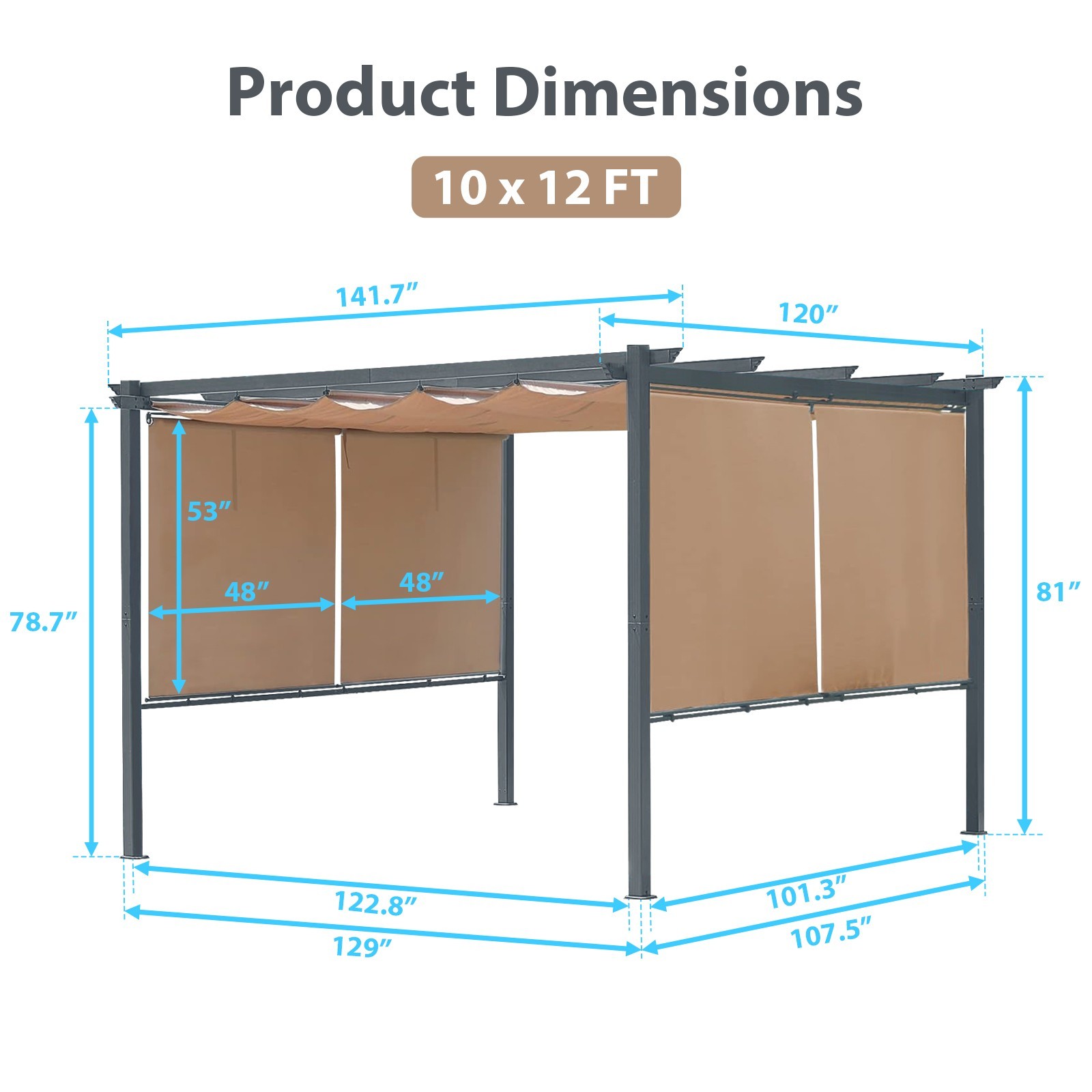 10x12ft Outdoor Pergola Sun Shade Cover with Retractable Canopy and Roller Shade