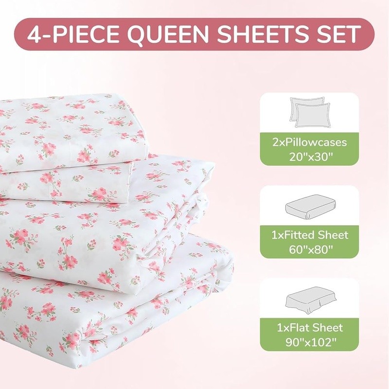 Lightweight Microfiber Sheet Set Deep Pocket Floral Pattern Breathable Easy Care