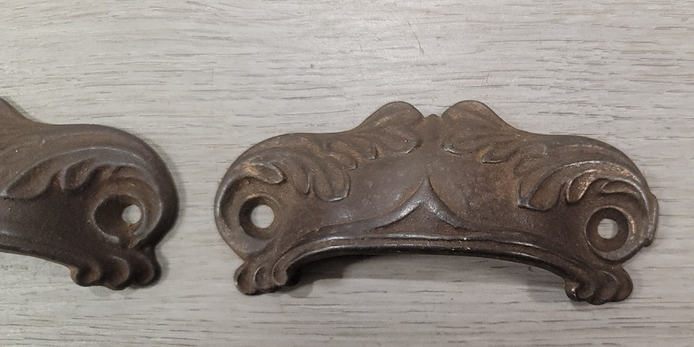 Antique Apothacary Bin Cabinet Drawer Handle Pull Cast Iron Cup Pair Dated 1868