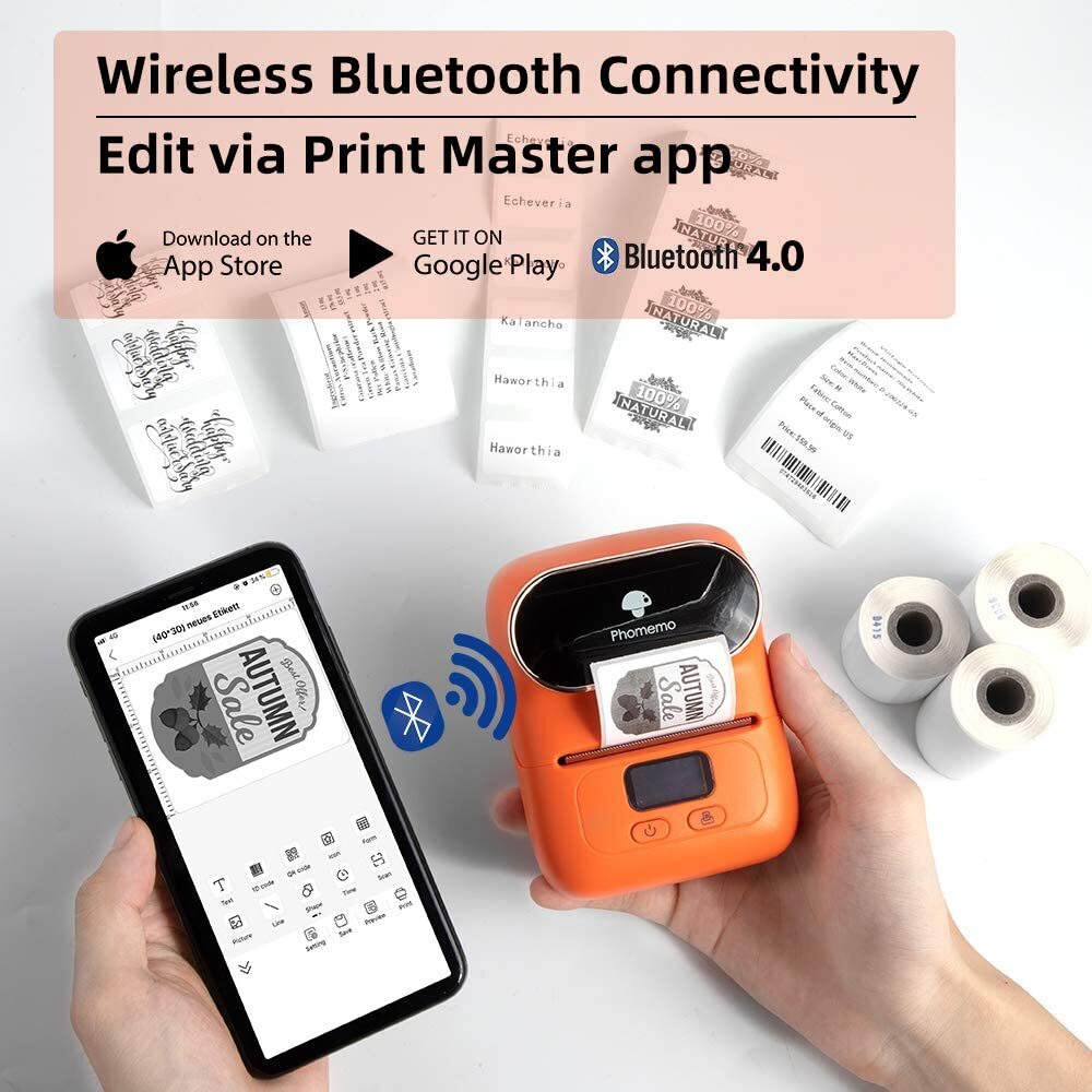 Phomemo M110 Portable Thermal Label Printer Mobile Barcode Printer+3 Rolls Paper
