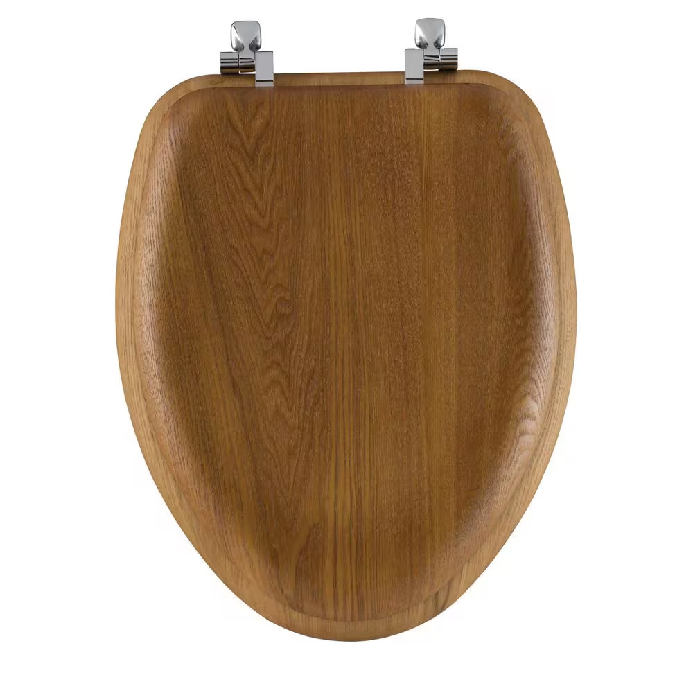Elongated Wood with Chrome Hinge Toilet Seat in Natural Oak