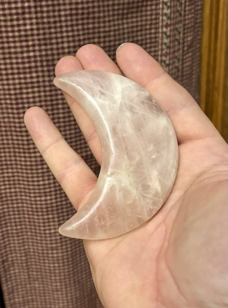 Rose Quartz Palm Stone or Display - Polished - Crescent Moon - 130 Grams