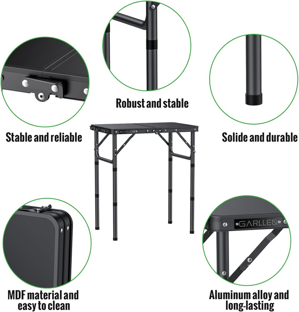 2Ft Folding Camping Table, 3 Adjustable Height Lightweight Picnic Table, Portabl
