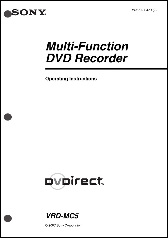 Sony VRD-MC5 Multi-Function DVD Recorder  Operating Guide User's Manual