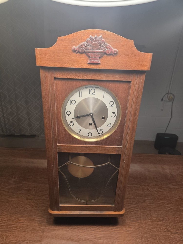 Vintage Rectangular Wooden Wall Clock Brown Glass Pendulum Arabic Numerals