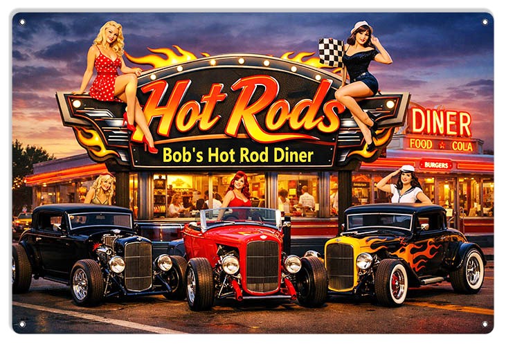 Bobs Hot Rod Diner - Metal Sign 12x18