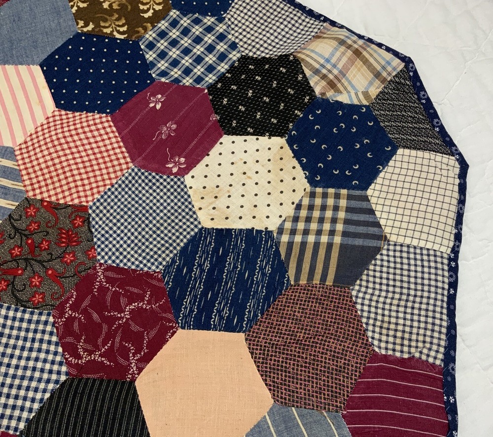 Antique Patchwork Quilt Table Topper, Octagons, Early Calico Prints, Navy, Multi