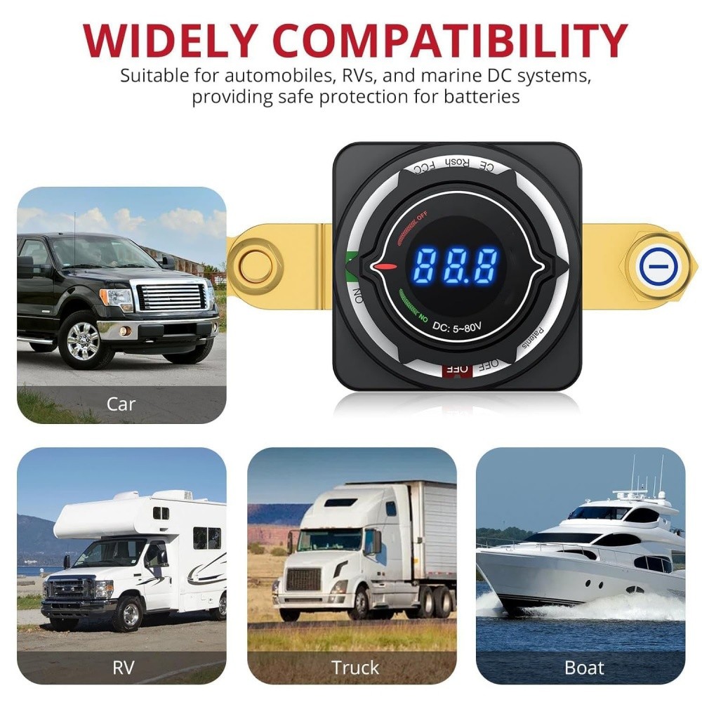 Battery Disconnect Switch, 5V-80V Side Post Battery Switch with Voltage Display