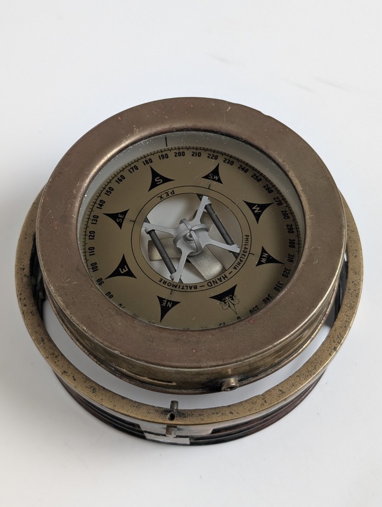 WWII John E. Hand & Sons Brass Navy Ship Compass P.E.X. U/4 Complete w/ Gimbal