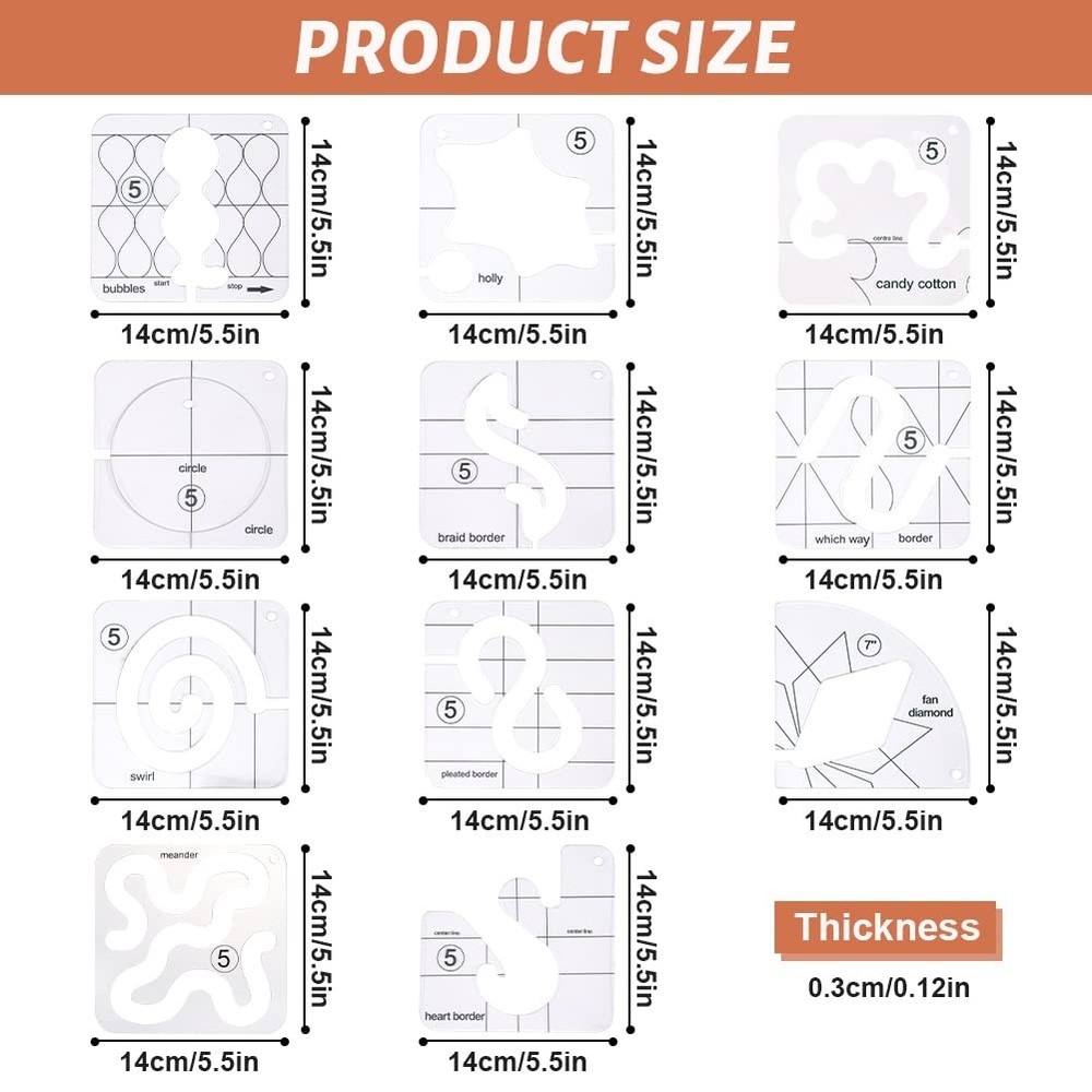 Free Motion Quilting Template Set 11 Templates 3mm include Frame Guide Pro