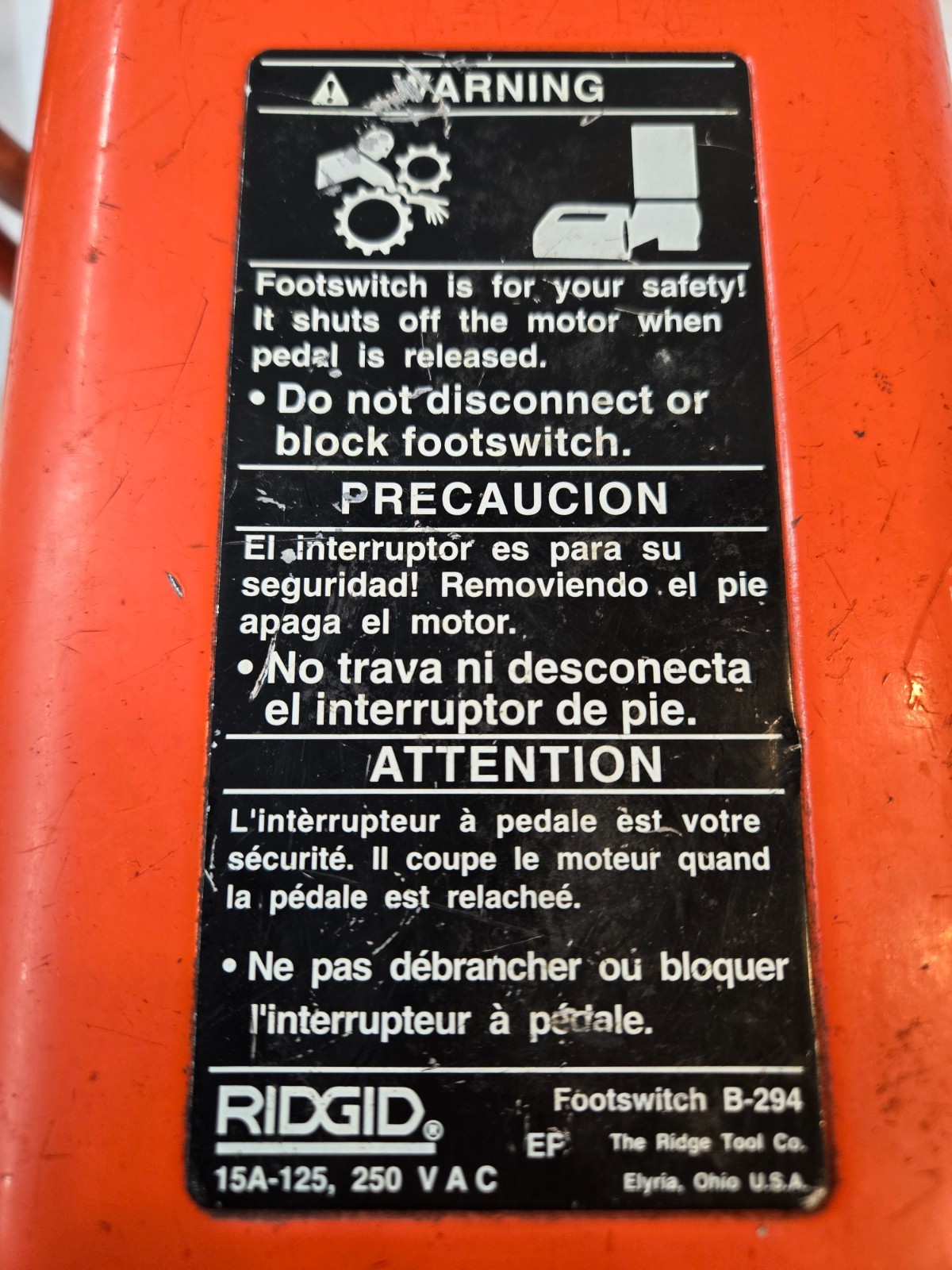 RIDGID B-294 Foot Switch OHM Test Good.