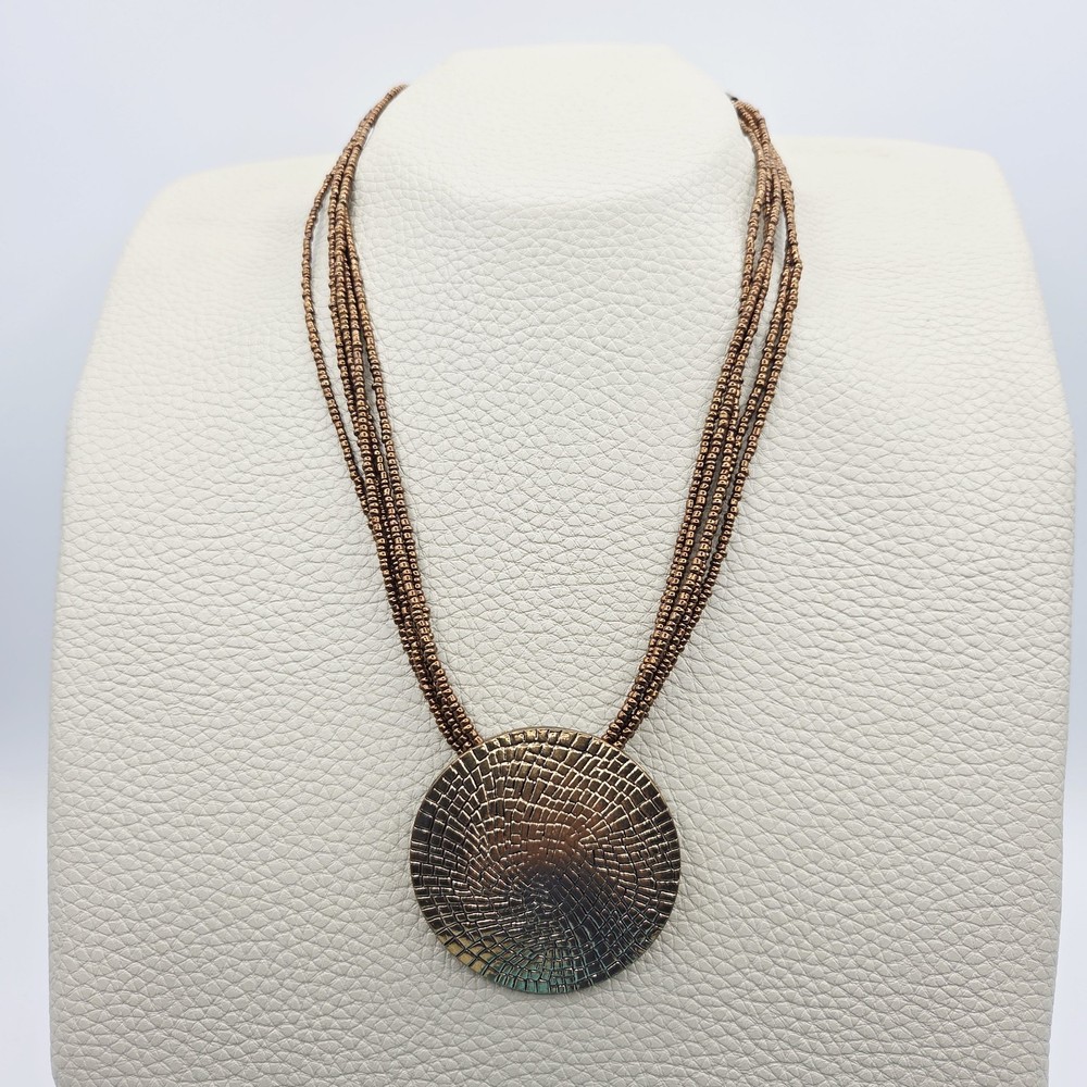 Multi Strand Copper Bead Necklace Round Medallion Pendant Statement Boho