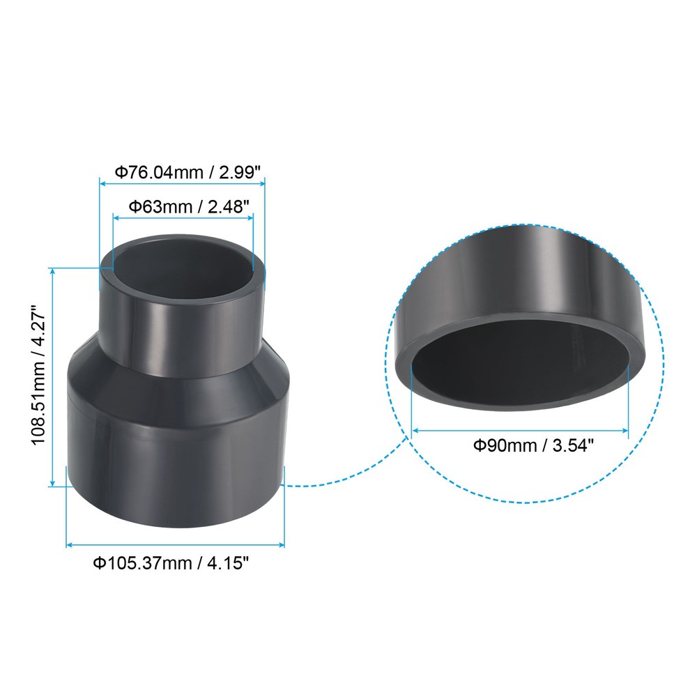 PVC Reducer Pipe Fitting 3.5x2.5" Socket Coupling Adapter Connector, Grey