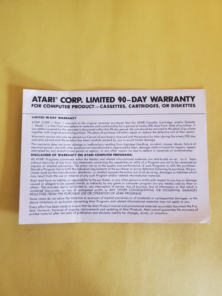 atari 90 day warranty insert