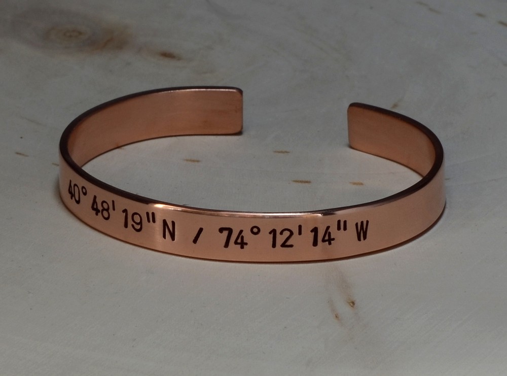 copper cuff bracelet with coordinates - 7th anniversary - copper anniversary