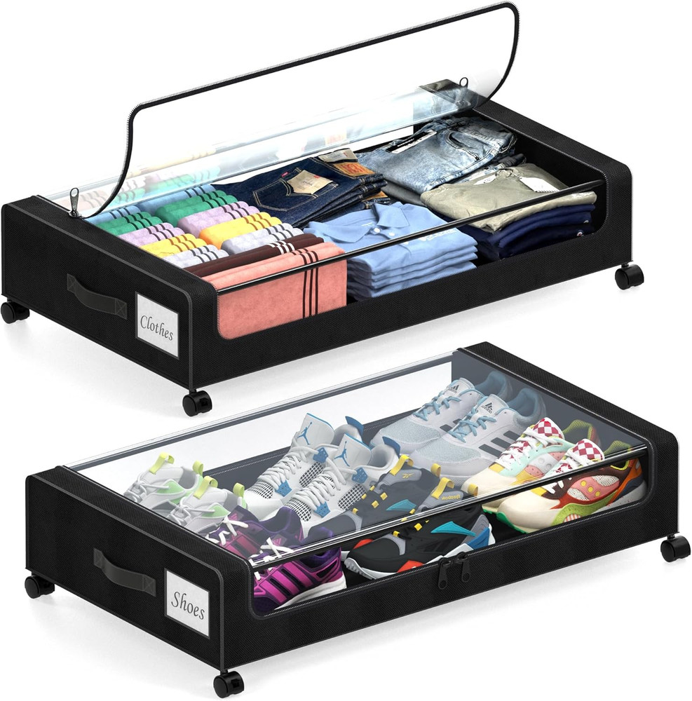 Under Bed Storage with Wheels, 2 Pack under Bed Storage Containers with Dividers