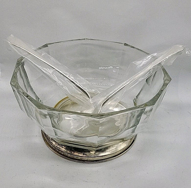 Vintage Italy Fine Crystal Silver Plate Serving Bowl & Utensils Original Packing