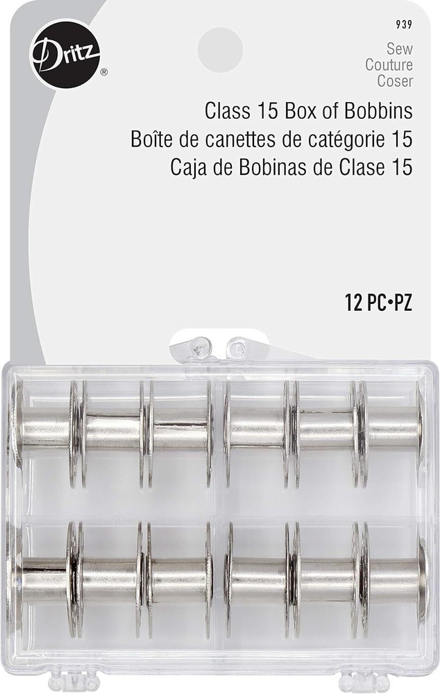 Dritz 939 Bobbins, Class 15, Metal, Includes Reusable Storage Box, (12-Count)