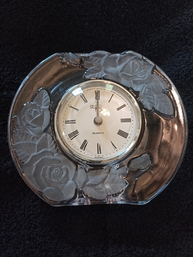 Studio Nova Lead Crystal Table Clock - Rose Pattern - Japan/Germany **NIB**
