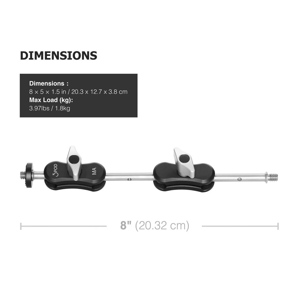 3Pod Adjustable Articulating Magic Arm with Double 1/4"x20 Threads, Black/Silver