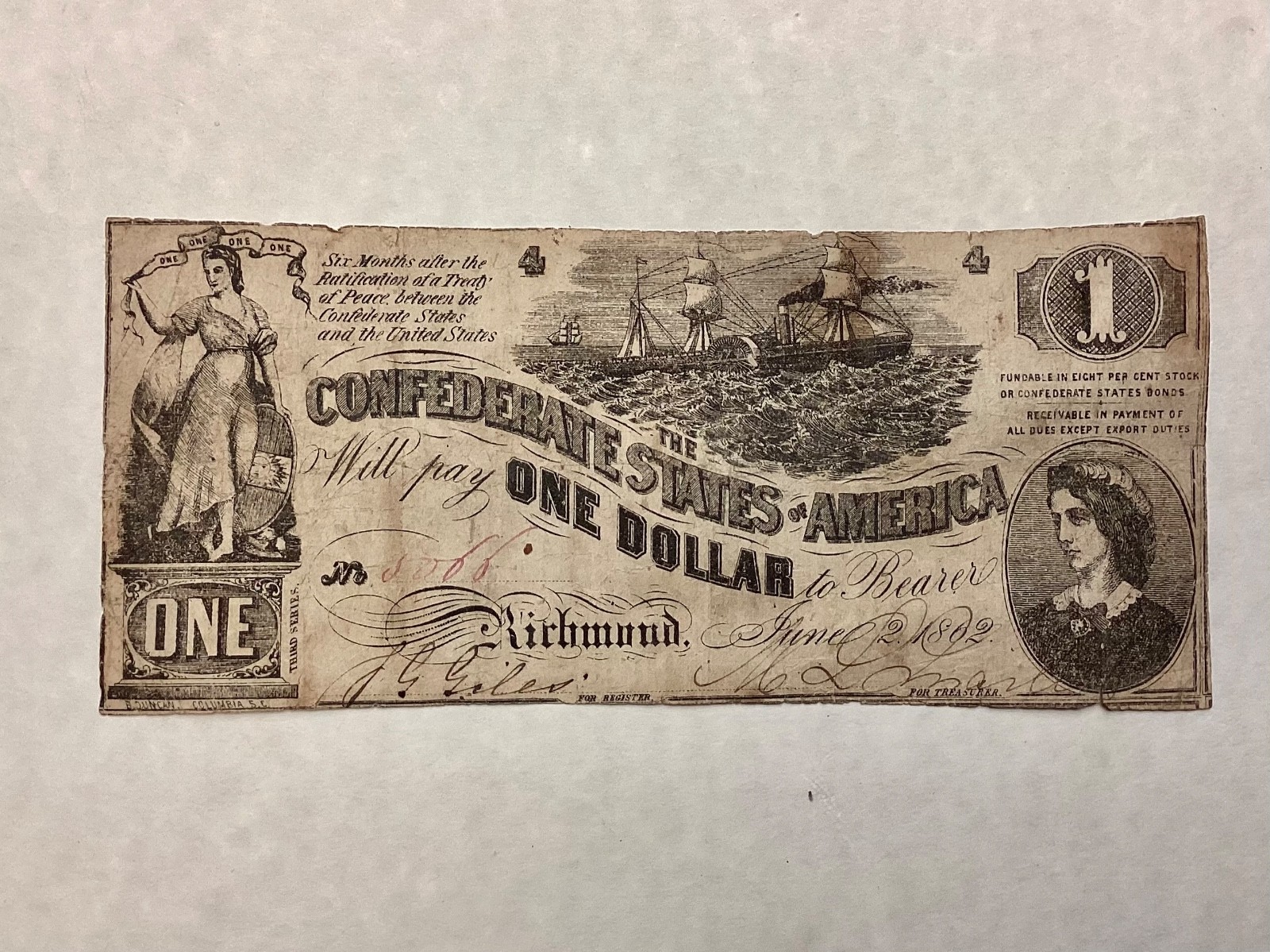 ~ 1862 $1 One Dollar Confederate States of America T 44 - Lucy Pickens