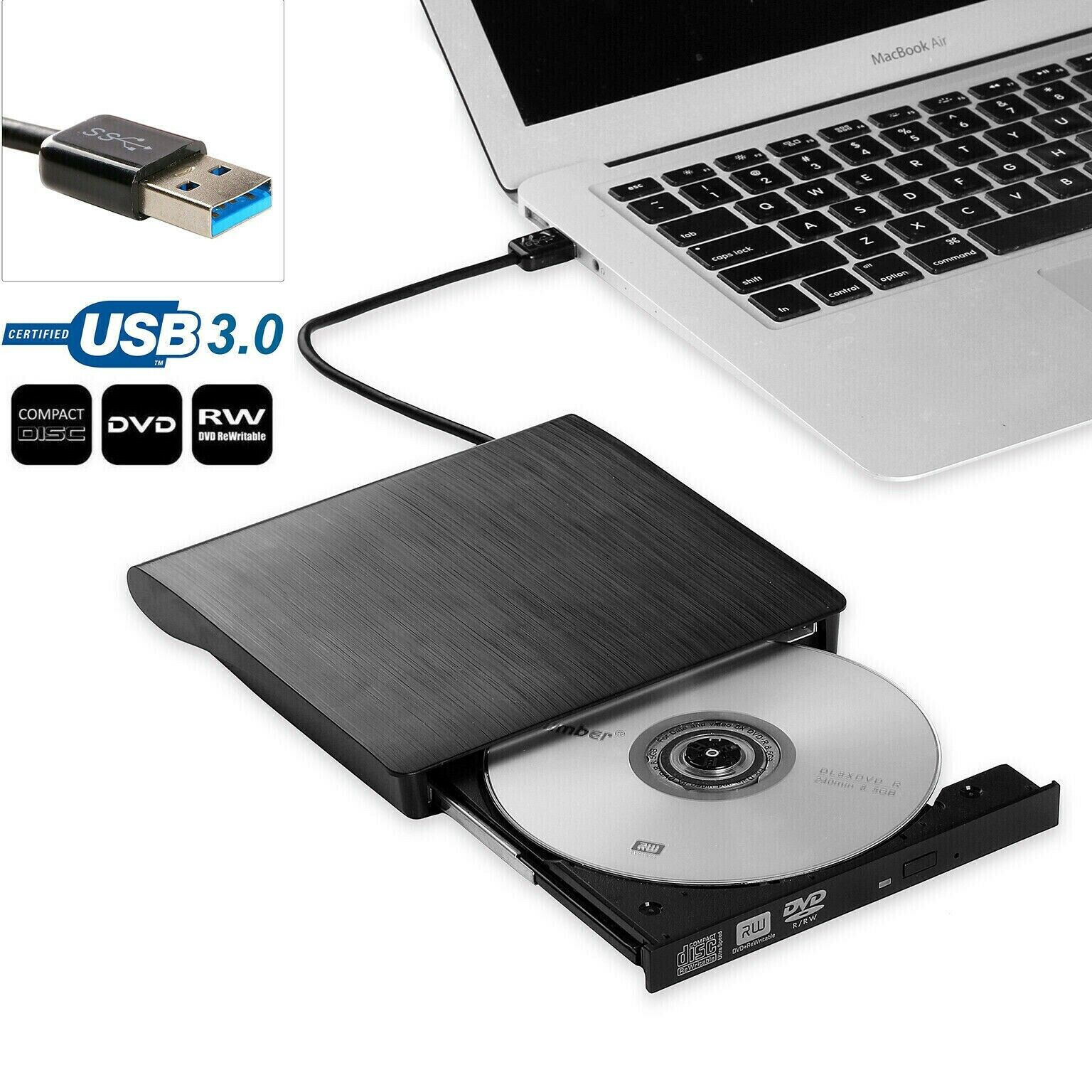CD DVD RW External Drive USB 3.0 Writer Burner Player Black For Apple & PC