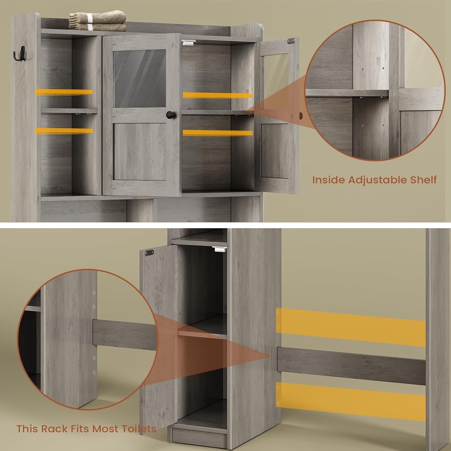 Over The Toilet Storage Cabinet, Farmhouse Bathroom Organizer with Glass Doors