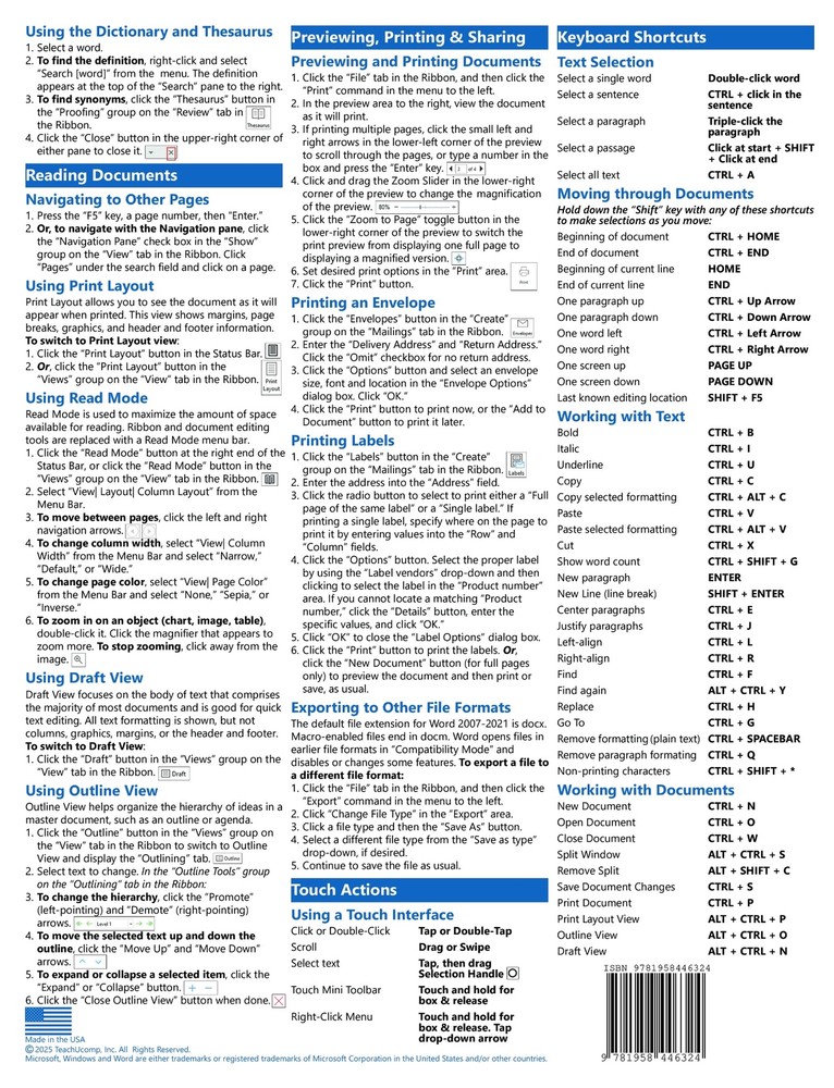 Word for Microsoft 365 Training Tutorial Guide Quick Reference Card Cheat Sheet