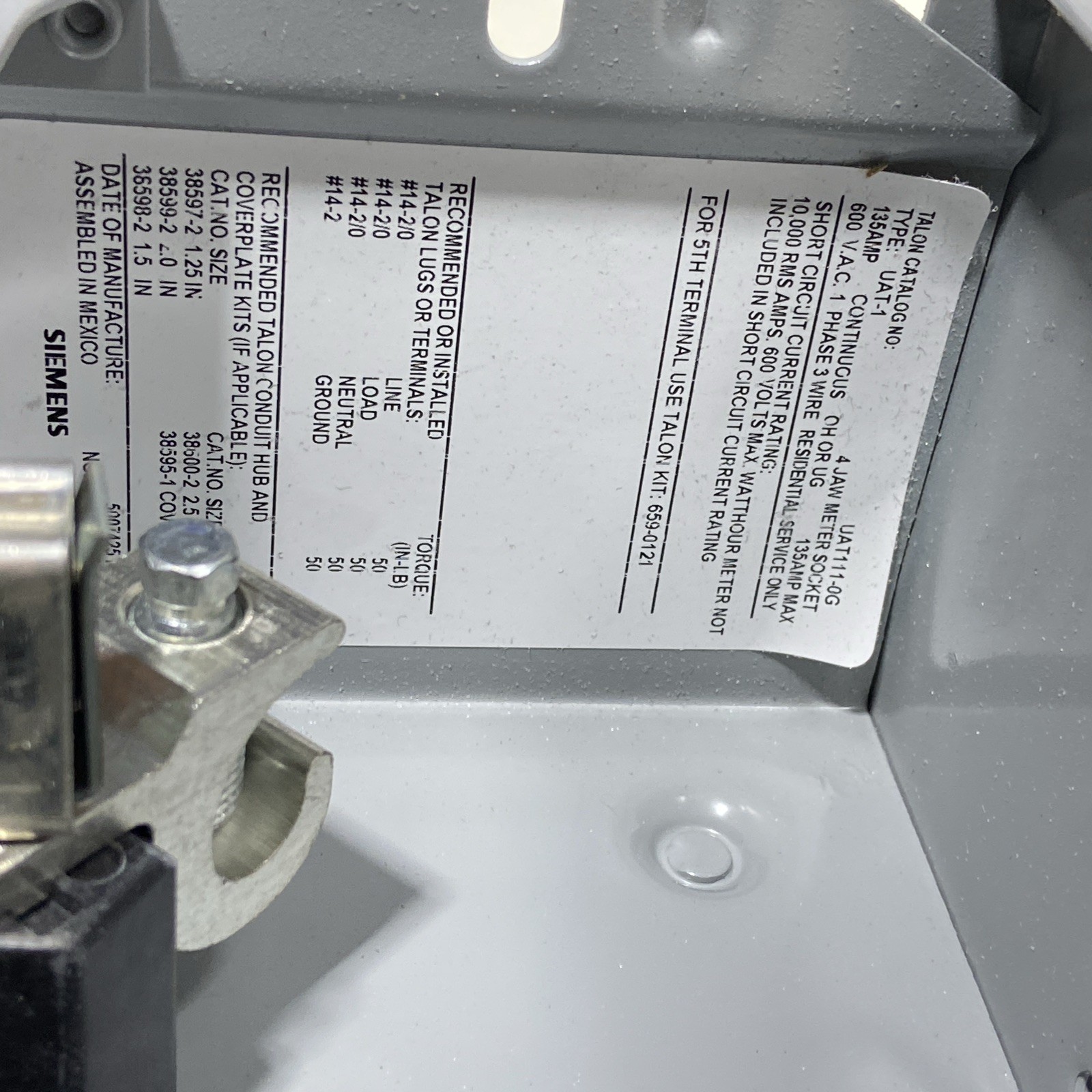 New! Talon UAT111-0G, 135 Amp 600 Volt 4 Terminal Ringless Meter Base